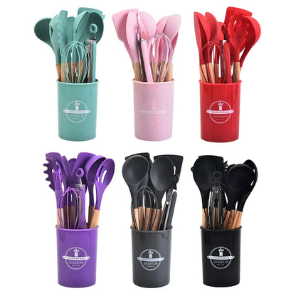 12-Piece Silicone Kitchen Utensils Set with Wooden Handles & Storage Bucket