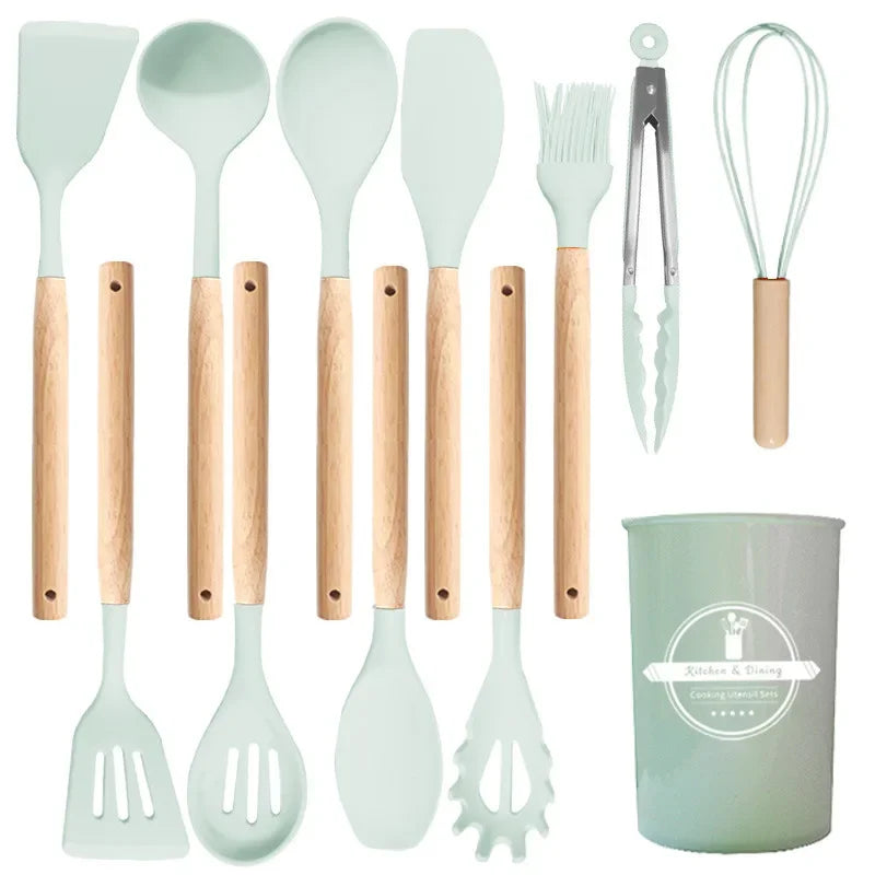12-Piece Silicone Kitchen Utensils Set with Wooden Handles & Storage Bucket