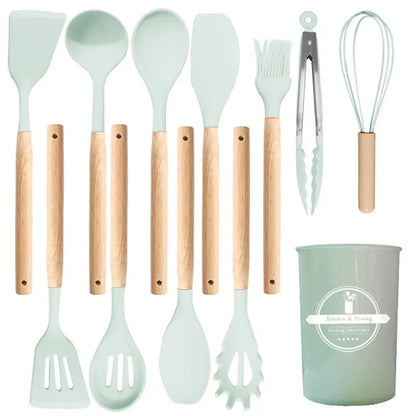 12-Piece Silicone Kitchen Utensils Set with Wooden Handles & Storage Bucket