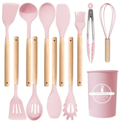 12-Piece Silicone Kitchen Utensils Set with Wooden Handles & Storage Bucket