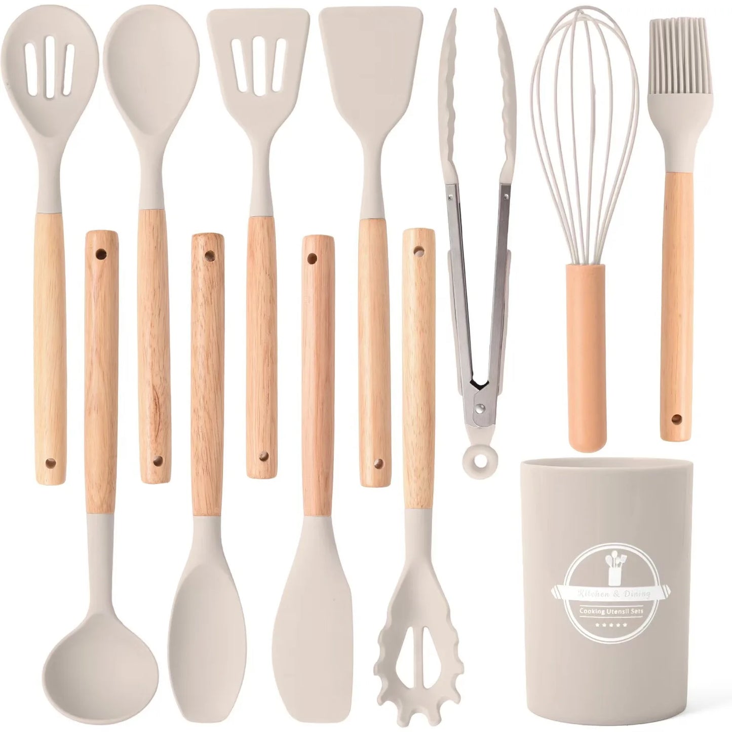 12-Piece Silicone Kitchen Utensils Set with Wooden Handles & Storage Bucket