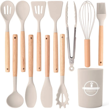12-Piece Silicone Kitchen Utensils Set with Wooden Handles & Storage Bucket