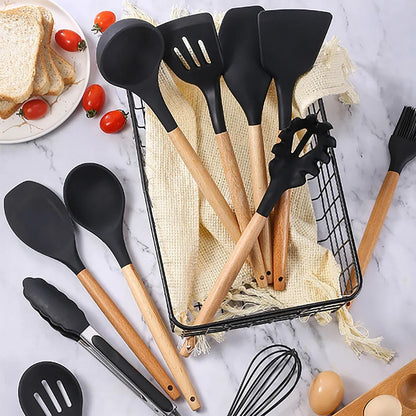 12-Piece Silicone Kitchen Utensils Set with Wooden Handles & Storage Bucket
