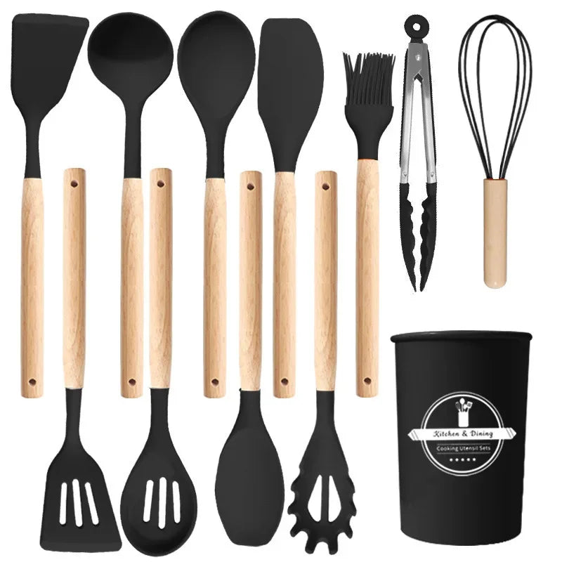 12-Piece Silicone Kitchen Utensils Set with Wooden Handles & Storage Bucket