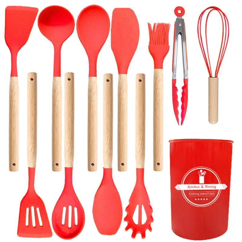 12-Piece Silicone Kitchen Utensils Set with Wooden Handles & Storage Bucket