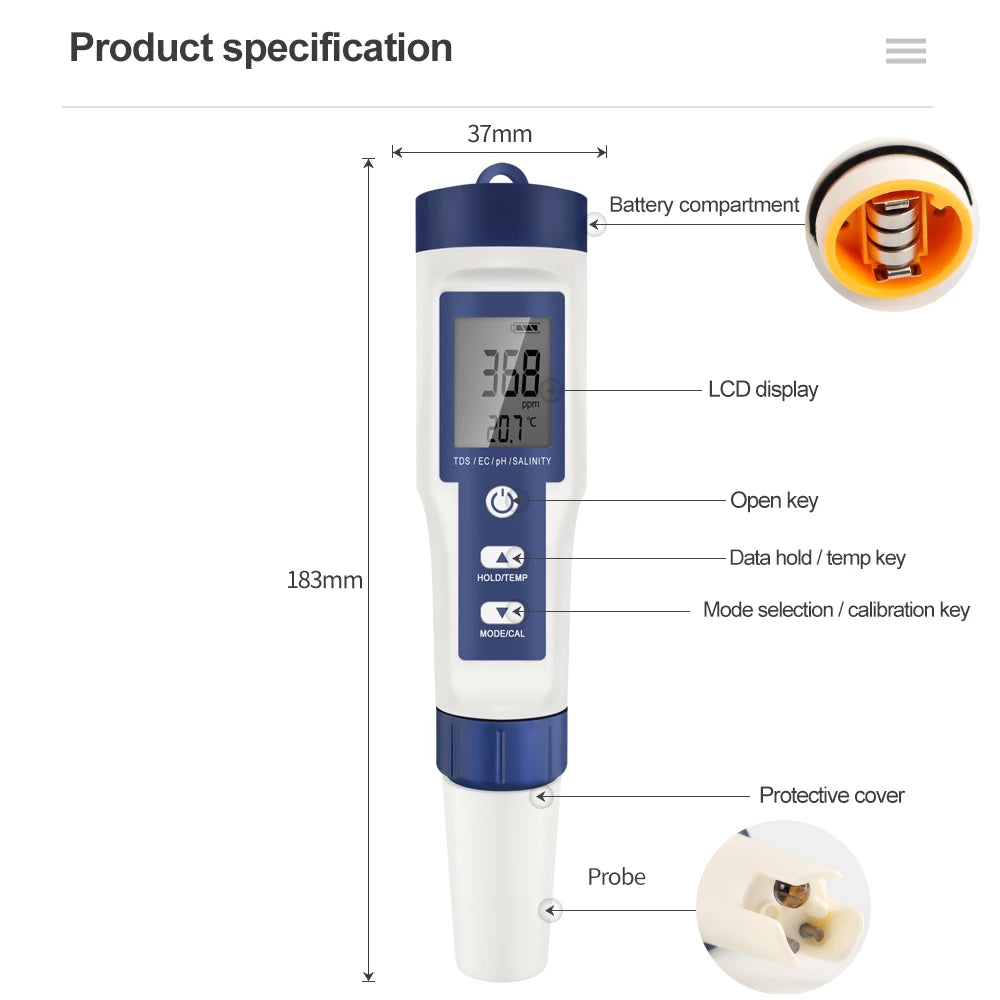 5-in-1 Digital pH & TDS Meter Pen with Backlight