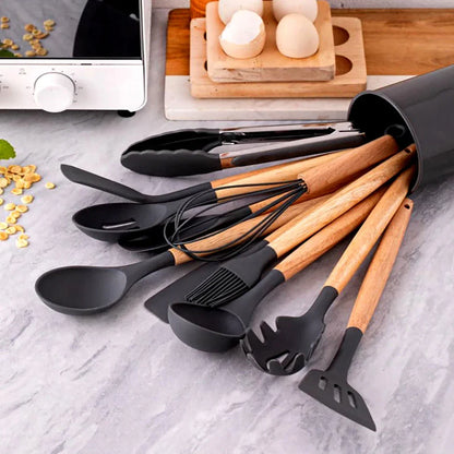 12-Piece Silicone Kitchen Utensils Set with Wooden Handles & Storage Bucket