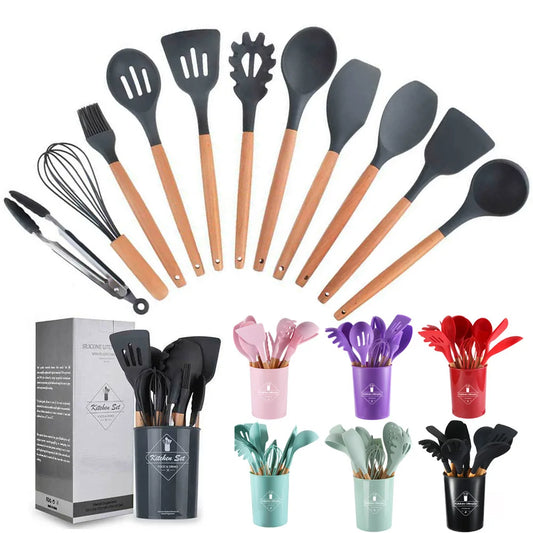 12-Piece Silicone Kitchen Utensils Set with Wooden Handles & Storage Bucket