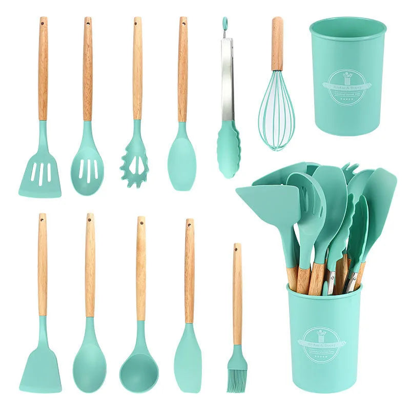 12-Piece Silicone Kitchen Utensils Set with Wooden Handles & Storage Bucket