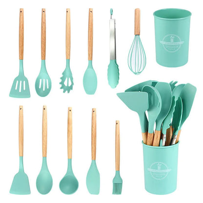 12-Piece Silicone Kitchen Utensils Set with Wooden Handles & Storage Bucket
