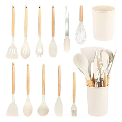 12-Piece Silicone Kitchen Utensils Set with Wooden Handles & Storage Bucket
