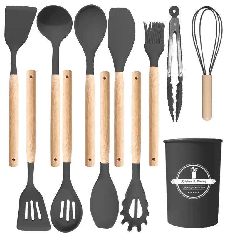 12-Piece Silicone Kitchen Utensils Set with Wooden Handles & Storage Bucket